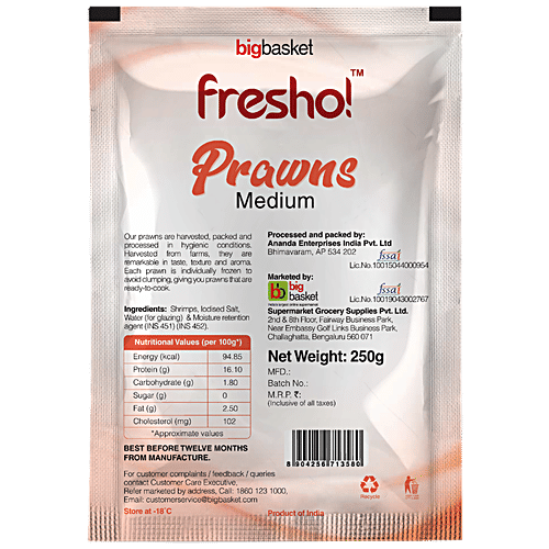 Fresho Frozen Prawns - Medium, 250 g Pouch 
