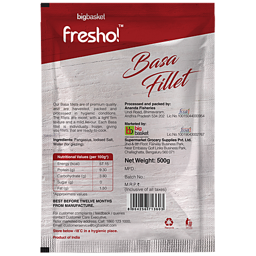 Fresho Frozen Basa Fillet - Preservative Free, 500 g Pouch 