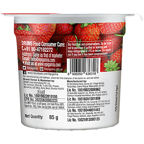 Epigamia  Strawberry Greek Yogurt, 85 g  Zero Added Sugar, High Protein