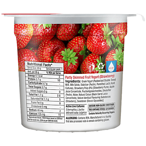 Epigamia  Strawberry Greek Yogurt, 85 g  Zero Added Sugar, High Protein