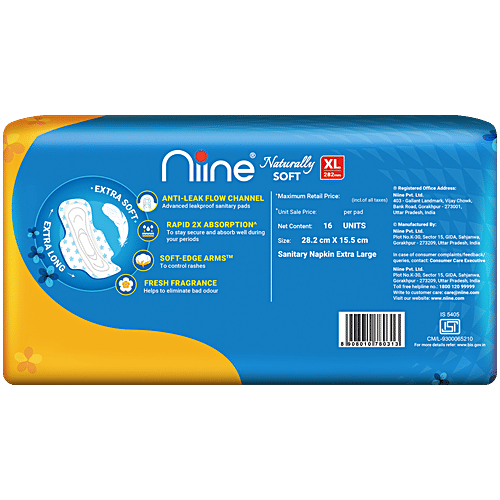 Niine  Naturally Soft Sanitary Napkin - Extra Large, 16 pcs  Soft & Cottony, Wider Back, Soft-Edge Arms, Fresh Fragrance, Rapid 2x Absorption