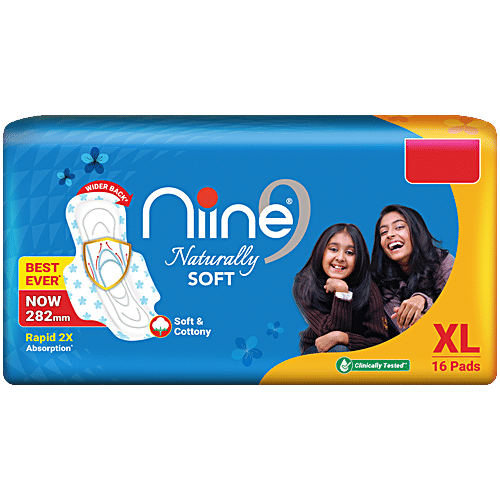 Niine  Naturally Soft Sanitary Napkin - Extra Large, 16 pcs  Soft & Cottony, Wider Back, Soft-Edge Arms, Fresh Fragrance, Rapid 2x Absorption