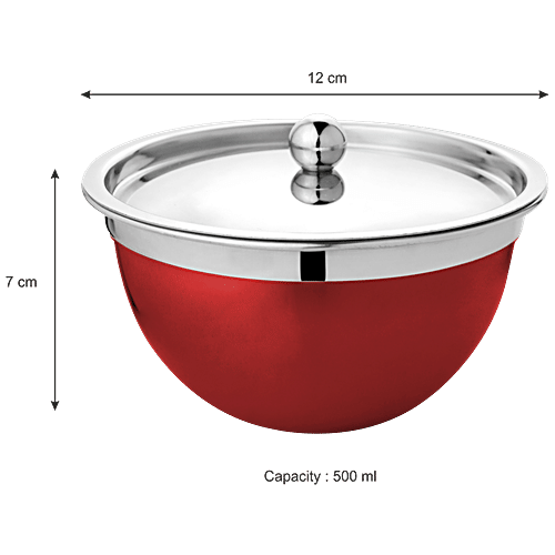 Vinayak Steel Premium Serving Bowl With Steel Lid - Maroon, 500 ml Set of 2 