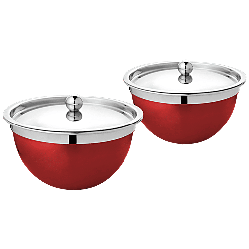 Vinayak Steel Premium Serving Bowl With Steel Lid - Maroon, 500 ml Set of 2 