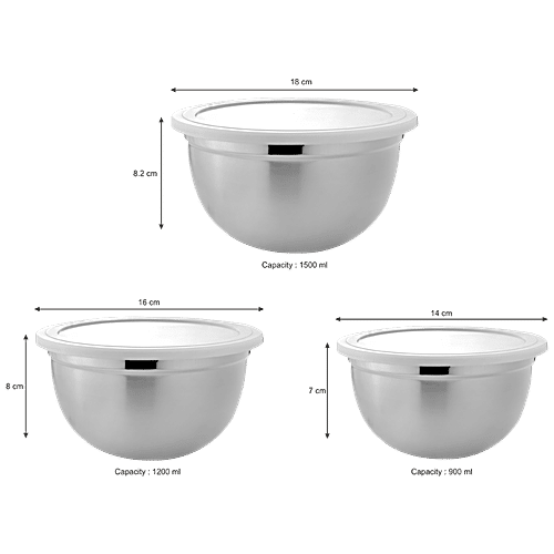 Vinayak Steel Storage Mirror Finish Bowl Set With PP Lid - Plain, 3 pcs (900 ml + 1200 ml + 1500 ml)