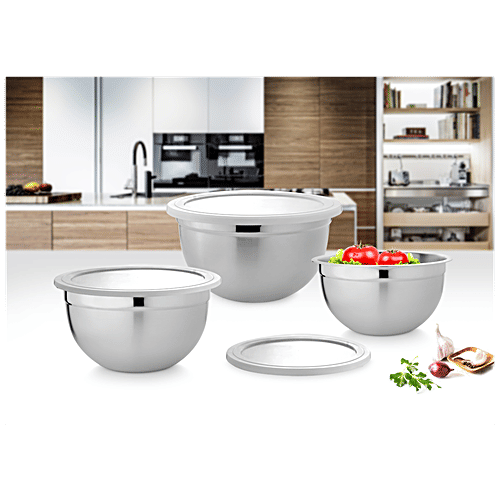 Vinayak Steel Storage Mirror Finish Bowl Set With PP Lid - Plain, 3 pcs (900 ml + 1200 ml + 1500 ml)