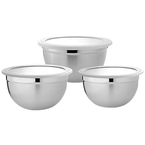 Vinayak Steel Storage Mirror Finish Bowl Set With PP Lid - Plain, 3 pcs (900 ml + 1200 ml + 1500 ml)