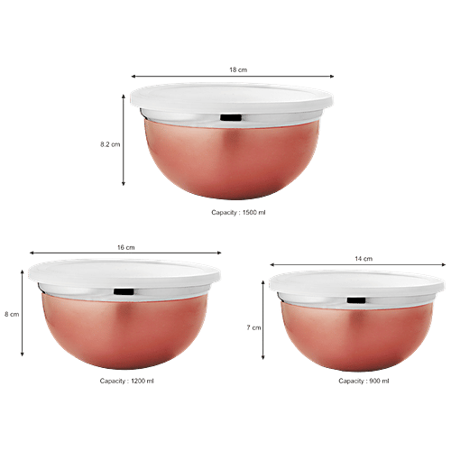 Vinayak Steel Storage Storage Container/Bowl Set - Rose Gold Finish, 3 pcs (900 ml + 1200 ml + 1500 ml) 