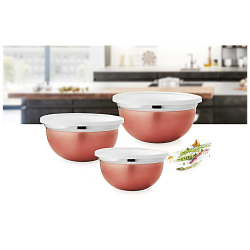 Vinayak Steel Storage Storage Container/Bowl Set - Rose Gold Finish, 3 pcs (900 ml + 1200 ml + 1500 ml) 