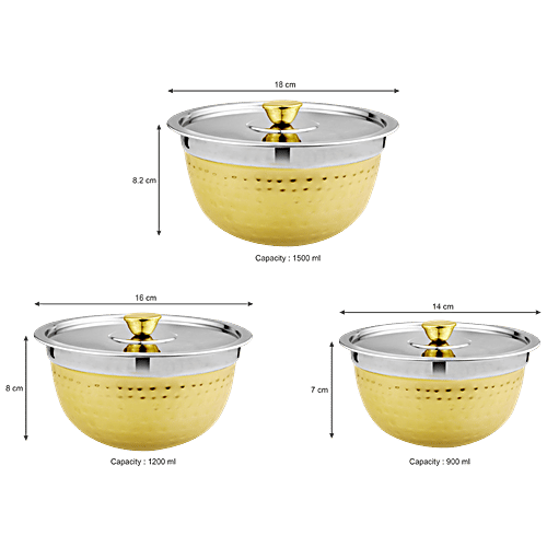 Vinayak Steel Storage Hammered Touch Bowl/Handi Set With Steel Lid - Gold Laquer Finish, 3 pcs (900 ml + 1200 ml + 1500 ml) 