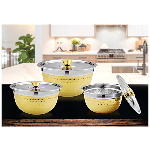 Vinayak Steel Storage Hammered Touch Bowl/Handi Set With Steel Lid - Gold Laquer Finish, 3 pcs (900 ml + 1200 ml + 1500 ml) 