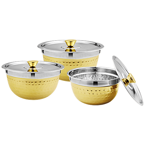 Vinayak Steel Storage Hammered Touch Bowl/Handi Set With Steel Lid - Gold Laquer Finish, 3 pcs (900 ml + 1200 ml + 1500 ml) 
