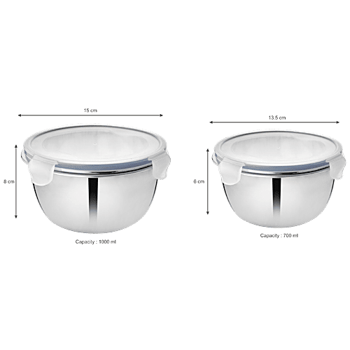 Vinayak Steel Premium Storage Container Set Mirror Finish With Leak Lock Lid, 2 pcs (700 ml + 1000 ml) 