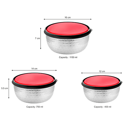 Vinayak Steel Storage Hammered Touch Container Set With Double Moulded PP Lid - Silver, 3 pcs (400 ml + 750 ml + 1150 ml)