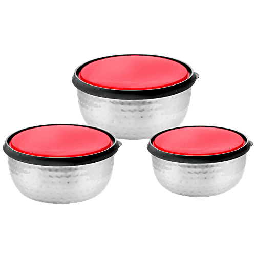 Vinayak Steel Storage Hammered Touch Container Set With Double Moulded PP Lid - Silver, 3 pcs (400 ml + 750 ml + 1150 ml)