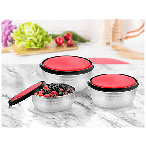 Vinayak Steel Storage Hammered Touch Container Set With Double Moulded PP Lid - Silver, 3 pcs (400 ml + 750 ml + 1150 ml)