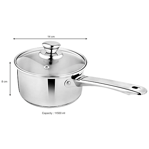 Vinayak Vinayak Stainless Steel Saucepan - Induction Base, 14 cm, 0.5 mm, Glass Lid, Bakelite Handle, 1.150 L Dishwasher Safe