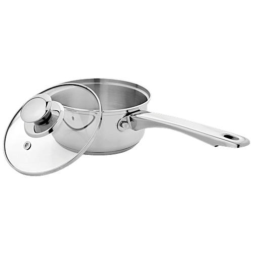 Vinayak Vinayak Stainless Steel Saucepan - Induction Base, 14 cm, 0.5 mm, Glass Lid, Bakelite Handle, 1.150 L Dishwasher Safe