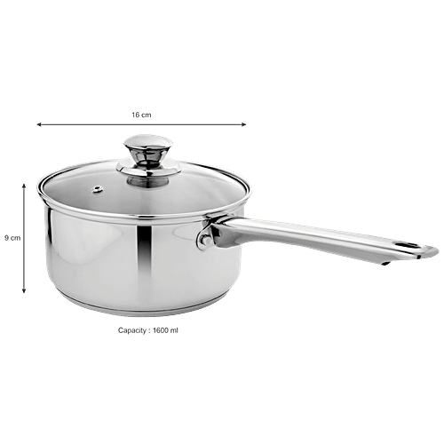 Vinayak Steel Sauce Pan Induction Bottom With Glass Lid - 16 cm, 1.6 L  