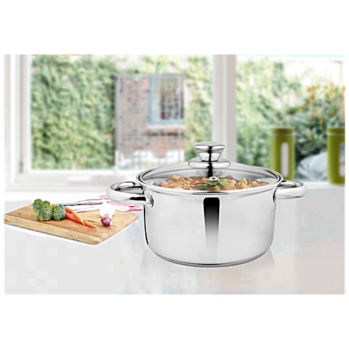 Vinayak Steel Cook N Serve Casserole/Stewpot - Induction Base, With Glass Lid, 18 cm, 2.3 l  