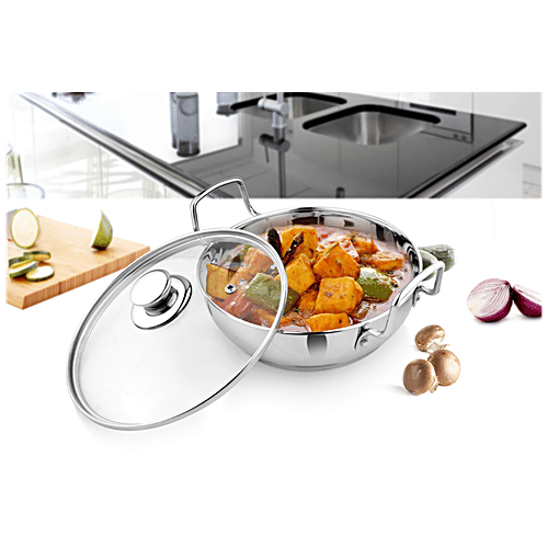 Vinayak Stainless Steel Kadai - Induction Bottom, With Glass Lid & Handle, 20 cm, 0.5 mm, 1.5 L  Oven Safe, Dishwasher Safe