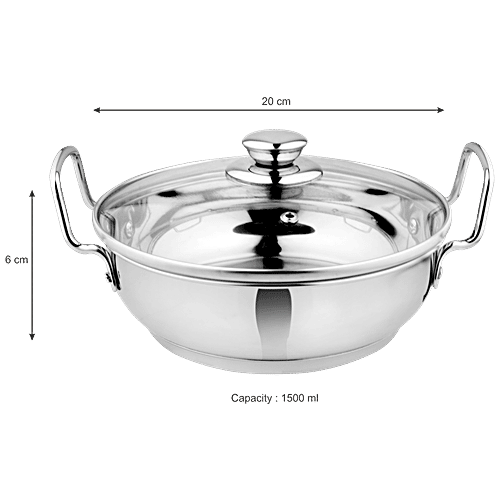 Vinayak Stainless Steel Kadai - Induction Bottom, With Glass Lid & Handle, 20 cm, 0.5 mm, 1.5 L  Oven Safe, Dishwasher Safe