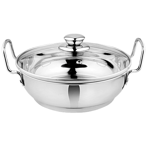 Vinayak Stainless Steel Kadai - Induction Bottom, With Glass Lid & Handle, 20 cm, 0.5 mm, 1.5 L  Oven Safe, Dishwasher Safe