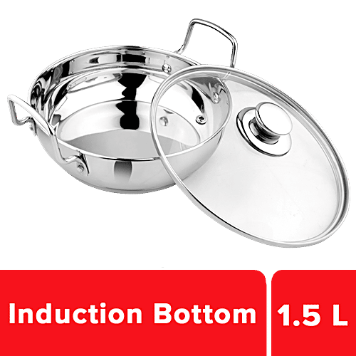 Vinayak Stainless Steel Kadai - Induction Bottom, With Glass Lid & Handle, 20 cm, 0.5 mm, 1.5 L  Oven Safe, Dishwasher Safe