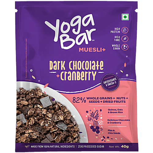 Yoga Bar Muesli - Dark Chocolate & Cranberry, Healthy, Rich In Protein, Breakfast Cereal, 40 g (Pack of 10) Protein Source