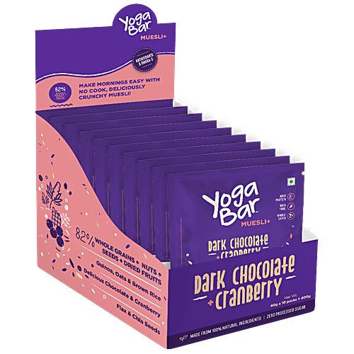 Yoga Bar Muesli - Dark Chocolate & Cranberry, Healthy, Rich In Protein, Breakfast Cereal, 40 g (Pack of 10) Protein Source
