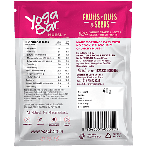 Yoga bar Wholegrain Breakfast Muesli - Dried Fruits + Nuts + Seeds, 40 g (Pack Of 10) 