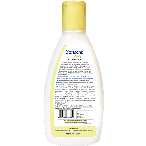 Softsens  Baby Shampoo - REG, BT, 200 ml  Tear Free, Paraben Free & Hypoallergenic