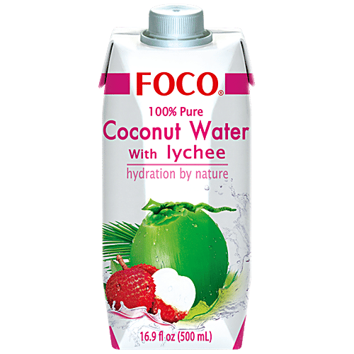 FOCO Coconut Water With Lychee, 500 ml Tetra Pak Pure & Hydration By Nature