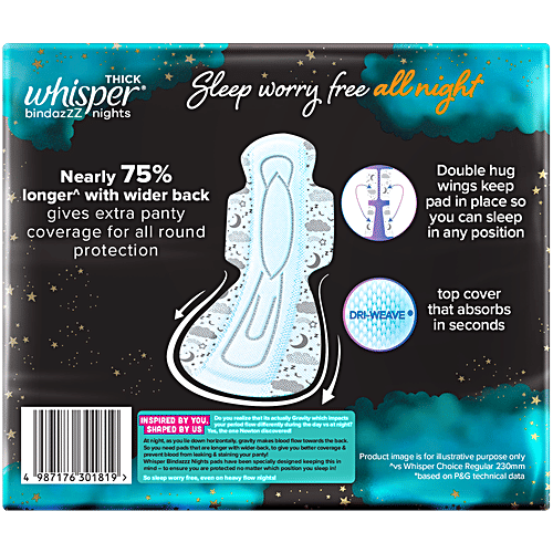 Whisper Bindazzz Nights Sanitary Pads - Wider Back, Up To 0% Leak, Provides All Night Protection, XXXL, 20 pcs Up to 0% Leaks, All Night Long