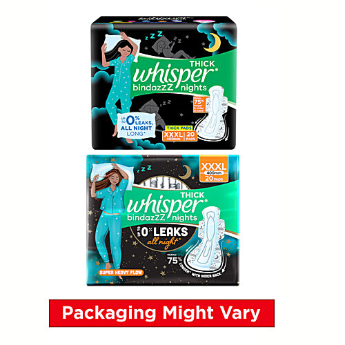 Whisper Bindazzz Nights Sanitary Pads - Wider Back, Up To 0% Leak, Provides All Night Protection, XXXL, 20 pcs Up to 0% Leaks, All Night Long