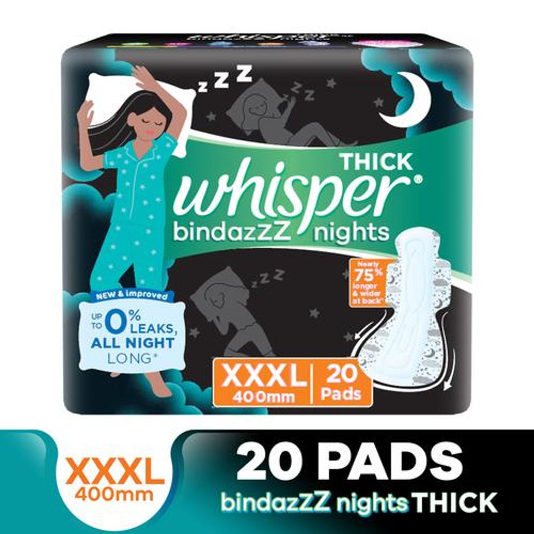Whisper  Bindazzz Nights Sanitary Pads - Wider Back, Up To 0% Leak, Provides All Night Protection, XXXL, 20 pcs 