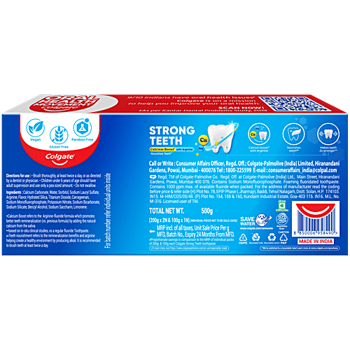 Colgate Strong Teeth Anticavity Toothpaste, 500 g (200g + 200g + 100g) 