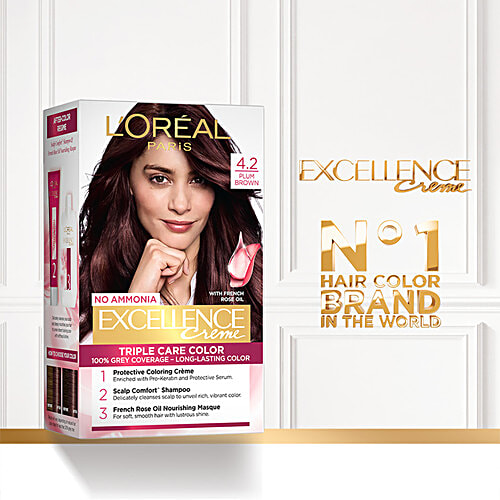 L'Oreal Paris Excellence Creme Hair Colour, 72 ml + 100 g 4.2 Plum Brown 100% Grey Coverage & No Ammonia