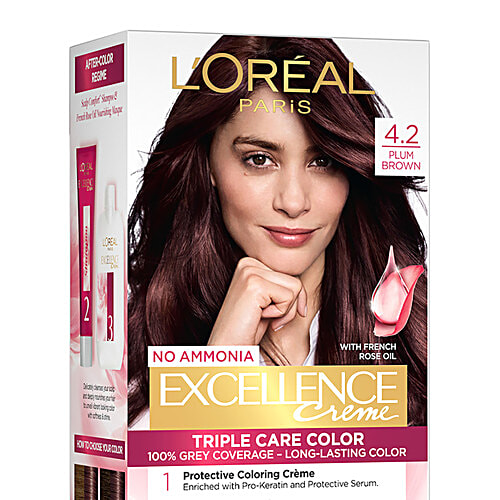 L'Oreal Paris Excellence Creme Hair Colour, 72 ml + 100 g 4.2 Plum Brown 100% Grey Coverage & No Ammonia