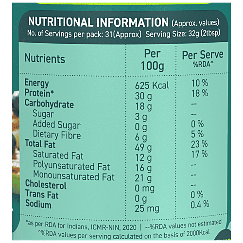 Alpino Organic Peanut Butter Smooth - Unsweetened/Gluten Free/Non-GMO/Vegan, 1 kg Jar Gluten Free & Non GMO