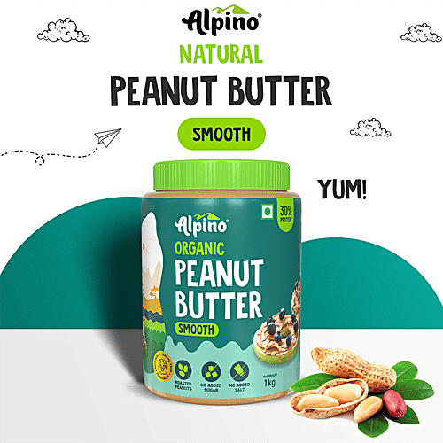 Alpino Organic Peanut Butter Smooth - Unsweetened/Gluten Free/Non-GMO/Vegan, 1 kg Jar Gluten Free & Non GMO