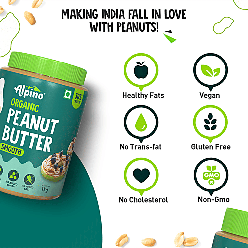 Alpino Organic Peanut Butter Smooth - Unsweetened/Gluten Free/Non-GMO/Vegan, 1 kg Jar Gluten Free & Non GMO