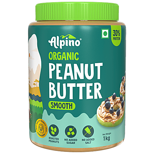 Alpino Organic Peanut Butter Smooth - Unsweetened/Gluten Free/Non-GMO/Vegan, 1 kg Jar Gluten Free & Non GMO