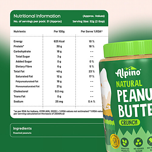 Alpino Natural Peanut Butter Crunch - Unsweetened/Gluten Free/ Non-GMO/Vegan, 400 g Jar Non GMO & Gluten Free