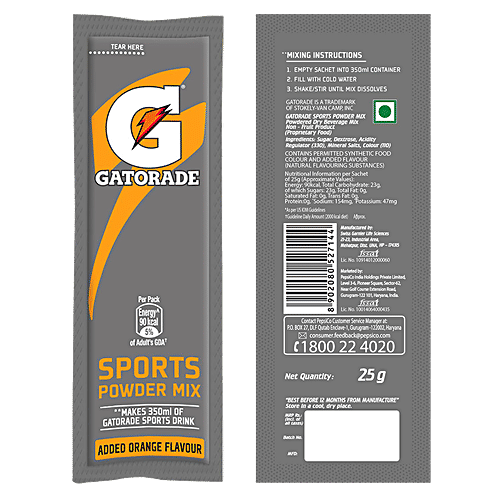 Gatorade Sports Powder Mix - Orange Flavour, Sipper Pack, 125 g (5 Sachets x 25 g Each)
