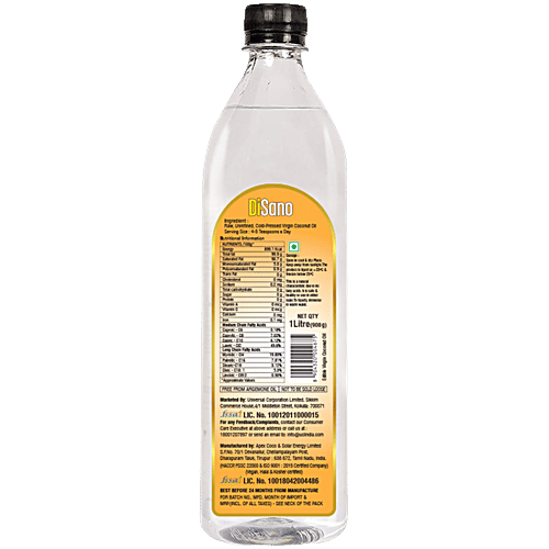 Disano Cold Pressed Virgin Coconut Oil, 1 L  No Mineral Oil