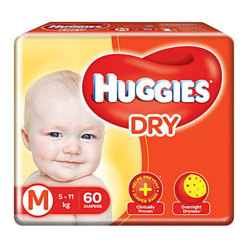 Huggies New Dry Diapers - Medium Size, 60 pcs (Pack of 2) 