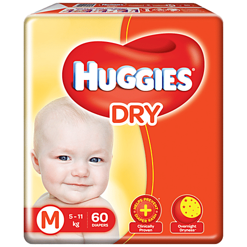 Huggies New Dry Diapers - Medium Size, 60 pcs (Pack of 2) 