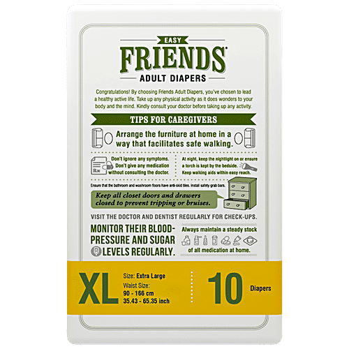 Friends Easy Adult Diapers Tape Style - XL, 35.43-65.35 Inch/90-166 Cm, 10 pcs Pouch Odour Lock and Anti-Bacterial Absorbent Core