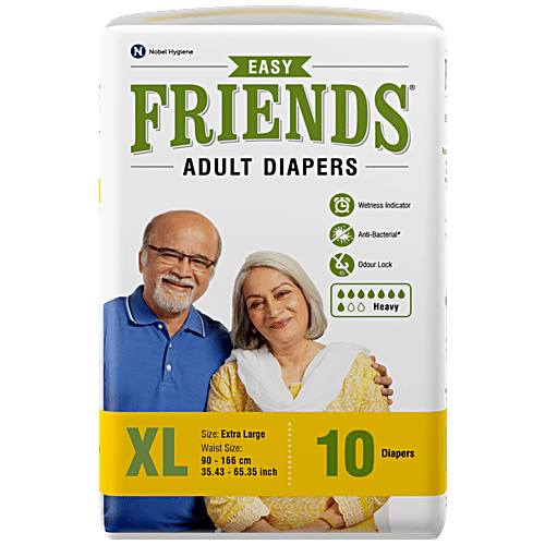 Friends Easy Adult Diapers Tape Style - XL, 35.43-65.35 Inch/90-166 Cm, 10 pcs Pouch Odour Lock and Anti-Bacterial Absorbent Core